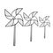 Beautiful hand-drawn black vector illustration of a group gray origami paper toy windmills isolated on a white