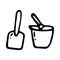 Beautiful hand drawn fashion paddle and bucket toy icon. Hand drawn black sketch.   Isolated on white background. Flat design.