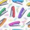 Beautiful hand drawn seamless pattern fashion stapler icon and paper clip. Hand drawn colorful sketch