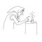 Beautiful hand-drawn vector illustration of old witch is guessing with a candle on a white background for coloring book