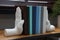 Beautiful hand shaped bookends with books on shelf indoors