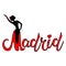 Beautiful hand written text typography design of europe european city madrid name logo with silhouette of a dancing flamenco dance