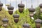 Beautiful hanging containers, forged metal vases for plants. Garden decorations, vases acorns. Small decorative birds sit on vases