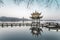 Beautiful hangzhou in sunset and ancient pavilion