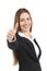 Beautiful happy business woman gesturing thumb up