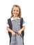 Beautiful and happy child girl 6 to 8 years old blond hair and blue eyes smiling excited wearing school uniform and backpack isola