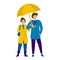 Beautiful happy couple man and woman with an umbrella, cartoon character colorful. Young people walks in coat and boots