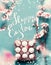 Beautiful Happy Easter greeting card with text lettering. Spring blossom branches frame and egg-crate with Easter eggs at blue