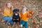 Beautiful happy family is having fun with Rottweiler dog. Blonde adorable mother and daughter embracing their dog.