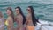 Beautiful happy group of woman in bikini sexy on yacht cruise sea in vacation for leisure.