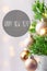 Beautiful Happy New Year greeting card. Decorated potted juniper branches ornament balls golden garland bokeh lights. Lettering