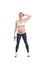 Beautiful happy pregnant women doing exercise with kettlebell on the white background