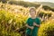 Beautiful happy smiling little boy among the cornfields touching plants with his hands