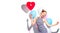 Beautiful Happy woman on birthday party, Love, Valentine`s Day party. Joyful model having fun, celebrating with balloons