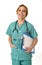 Beautiful and happy woman md emergency doctor or nurse posing smiling cheerful