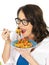 Beautiful Happy Young Hispanic Woman Eating a Plate of Tomato and Basil Fusilli Pasta