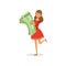 Beautiful happy young successful rich woman character in red dress holding giant pack of money, financial success