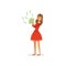 Beautiful happy young successful rich woman character in red dress holding green money bills, financial success colorful