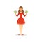 Beautiful happy young successful rich woman character in red dress holding a lot of money, financial success colorful