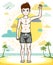 Beautiful happy young teenager boy posing in colorful stylish beach shorts. Vector character.