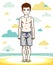 Beautiful happy young teenager boy posing wearing fashionable beach shorts. Vector human illustration.