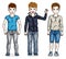 Beautiful happy young teenager boys posing wearing different casual clothes. Vector diversity kids illustrations set.