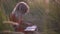 Beautiful happy young woman in field of spikelets and wheat with book on the sunset, blonde in the grass having a good time