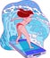 Beautiful happy young woman in red swimsuit riding big waves on mobile phone used as surfboard
