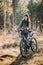 Beautiful Happy Young Woman Smiliing And Standing With Bicycle In Forest In Spring Day