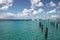 Beautiful harbor of Kralendijk with turquoise water & blue sky. The city is in the background, Caribbean.