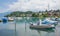 Beautiful harbour Spiez with moored boats, lake Thunersee switzerland