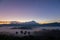 Beautiful harmony romantic color sunrise landscape scenery with sunlight and fog and Mount Kinabalu