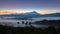 Beautiful harmony romantic color sunrise landscape scenery with sunlight and fog and Mount Kinabalu