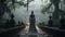 Beautiful haunting ghostly female figure walking in front of a foggy Southern Plantation antebellum mansion on Halloween night -