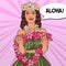 Beautiful Hawaiian Girl with Tropical Flower Necklace. Pop Art illustration