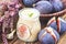 Beautiful healthy appetizer figs fruit smoothie or milk shake in glass jar with fresh figs, top view. Natural detox. Liquid ice cr