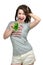 Beautiful Healthy lifestyle brunette woman drink green juice cocktail