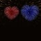 Beautiful heart-fireworks background card. Bright romantic couple fireworks. Isolated black background. Light love