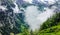 Beautiful Heart-Shaped Fog in the mountain valley. Beauty in nature at Lauterbrunnen Valley, Gimmelwald Village, Bernese Oberland