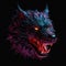Beautiful Hellhound Face Shape In Red Purple Fire On Black Background. Generative AI