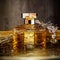 Beautiful hexagonal bottle of perfume. Golden water background