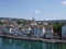 Beautiful hhite houses on bank of Limmat river and european cityscape landscape of Zurich city in Switzerland