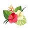 Beautiful hibiscus flowers and palm leaves. Elegant floral vector composition. Colorful cartoon illustration