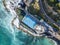 Beautiful high angle bird`s eye aerial drone view of a hot salt water pool and the ocean in St Clair