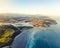 Beautiful high angle inhabited landscape shot next to the ocean