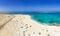 Beautiful high aspect aerial panoramic view of Flag Beach and Grandes Playa Corralejo in Fuerteventura Spain