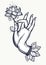 Beautiful high-detailed Buddha`s hand holding Lotus flower. Indian, Buddhism, Spiritual motifs. Engraved vector art isolated.