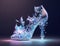 Beautiful high-heeled shoes, glowing floating luminous crystal stars and crystalline candy, Generative Ai