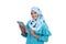 Beautiful hijab woman with a smile holding a digital tablet looking at a camera