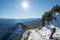 Beautiful hiking trail Herzogstand mountain, with stunning alps views. Winter landscape bavaria